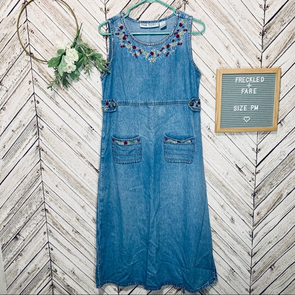 Petite Vintage denim dress with floral detail